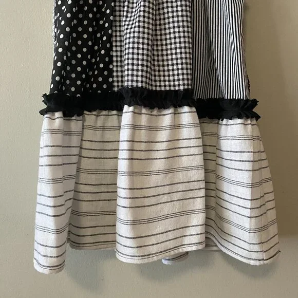 Handmade Children's Cotton Linen Black White Mixed Pattern Tie Strap Dress - Picture 9 of 13